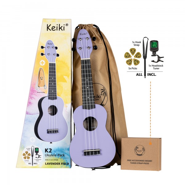 KEIKI K2 Series Ukulele Set 4 String "Lavender Field" - incl. Gymbag/H-Tuner/5 Picks/Strap (K2-LAF)