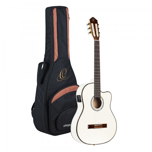 ORTEGA Classical Guitar Family Series Pro 4/4 inclusive Gigbag and Strap Thinline Body Slim Neck - WH - White (RCE145WH)