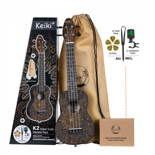 KEIKI K2 Series Superscale Ukulele Set 4 String - Agathis top / Orange + Headstock tuner, Soundhole hook strap/support, 5 medium picks and drawstring bag (K2SS-OKC)