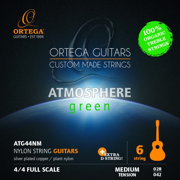 ORTEGA Atmosphere Green Series Guitar Strings Organic Nylon Treble - Medium + Extra D String (ATG44NM)