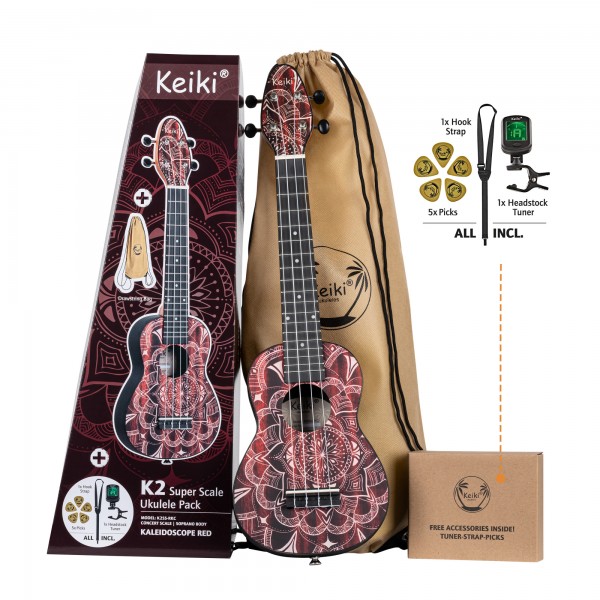 KEIKI K2 Series Superscale Soprano Ukulele Set - Agathis / Red Kaleidoscope (K2SS-RKC)