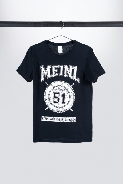 Black Meinl t-shirt with imprinted white college logo on chest (M34)