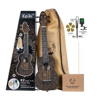 KEIKI K2 Series Superscale Ukulele Set 4 String - Agathis top / Orange + Headstock tuner, Soundhole hook strap/support, 5 medium picks and drawstring bag...