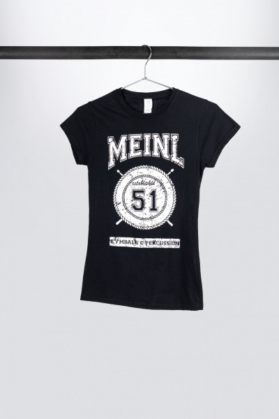 Black Meinl t-shirt with imprinted white college logo on chest - Girlie (M37)